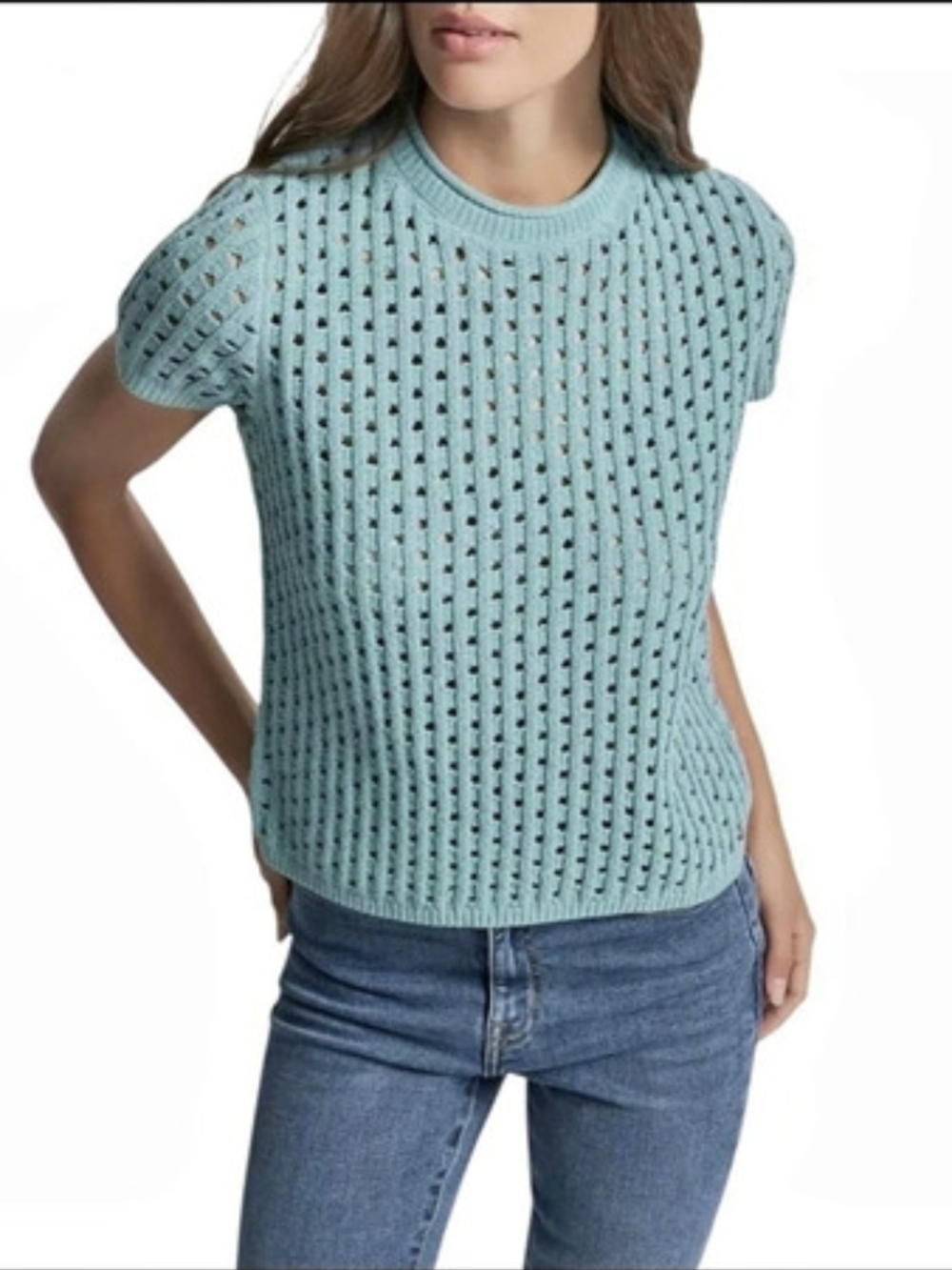DKNY Jeans Women's Open Stitch Crew Neck Short Sleeve Top, M, NWT